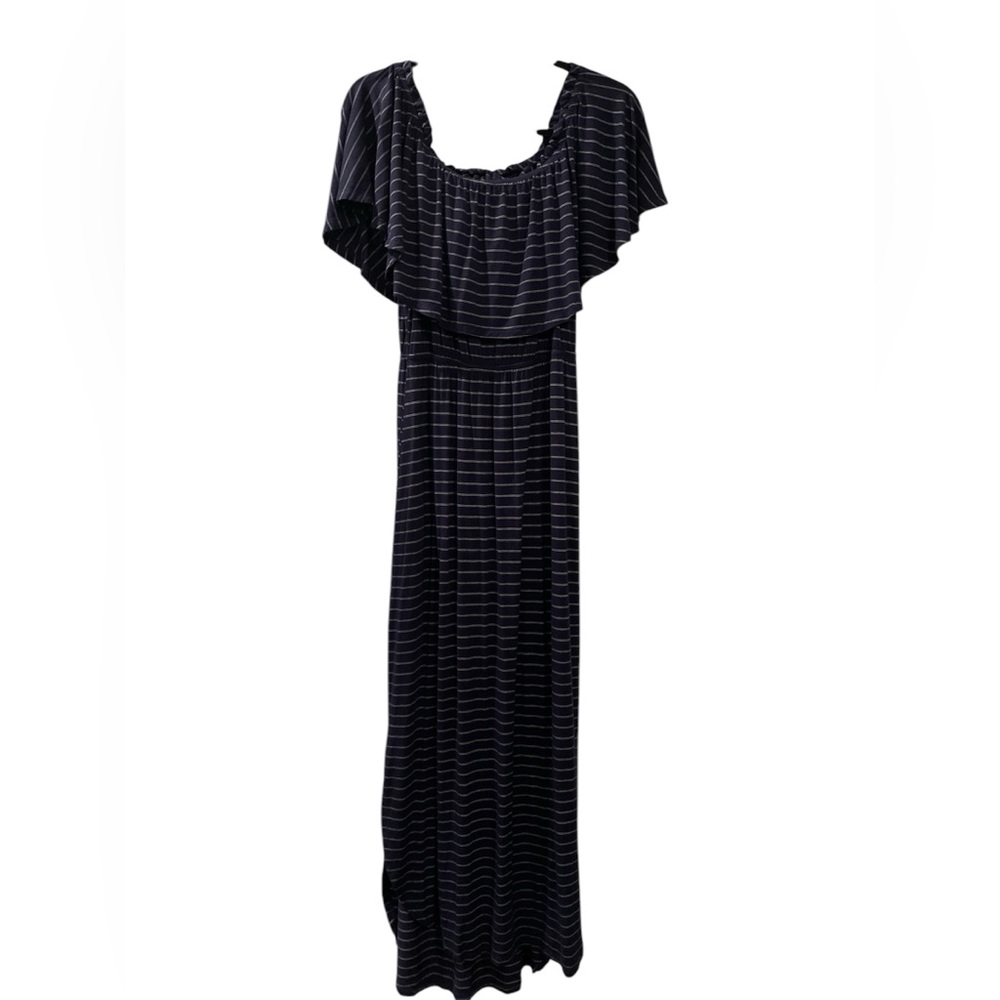 Lemon Tart Maxi Dress Off The Shoulder Pin Stripe Navy Blue Ruffle Collar Large